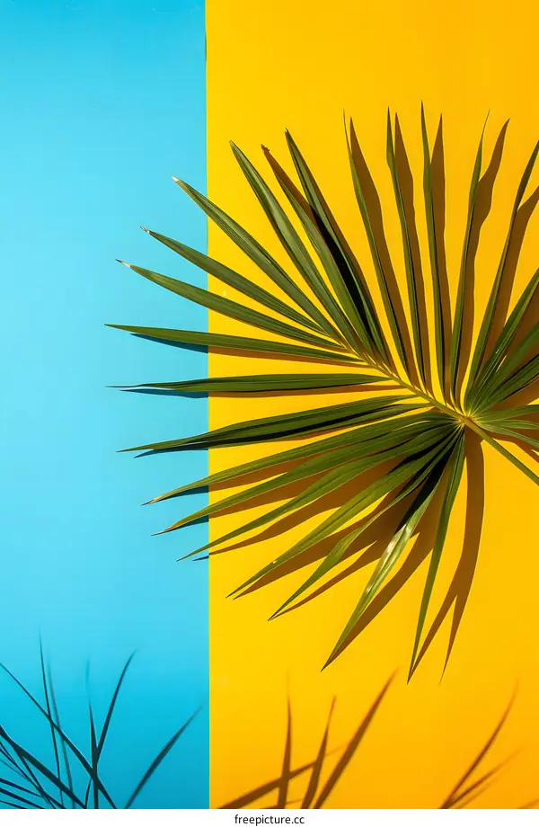 Tropical Palm Leaf on Blue and Yellow Background