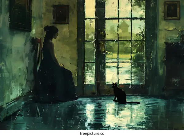 A lonely girl sits by the window, accompanied by a black cat