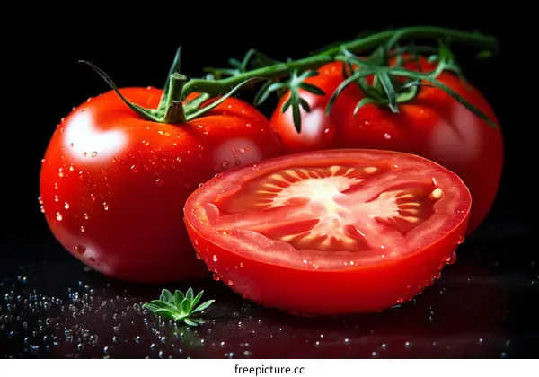Three Ripe Red Tomatoes with Green Stems on Black Background