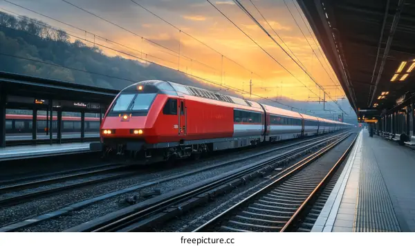 Sunset Train at a Station with Passengers
