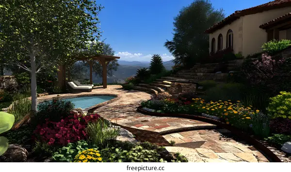 Backyard Patio Design with Pool and Mountain View