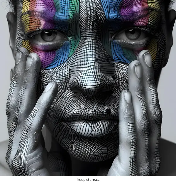 A woman with colorful face paint and silver hands