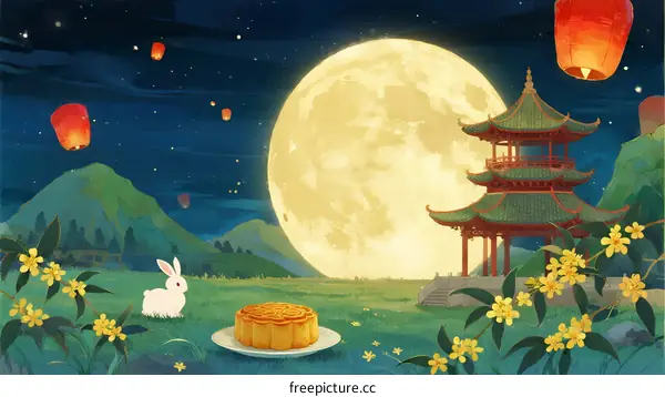 Full Moon Festival Scene with Rabbit and Lanterns