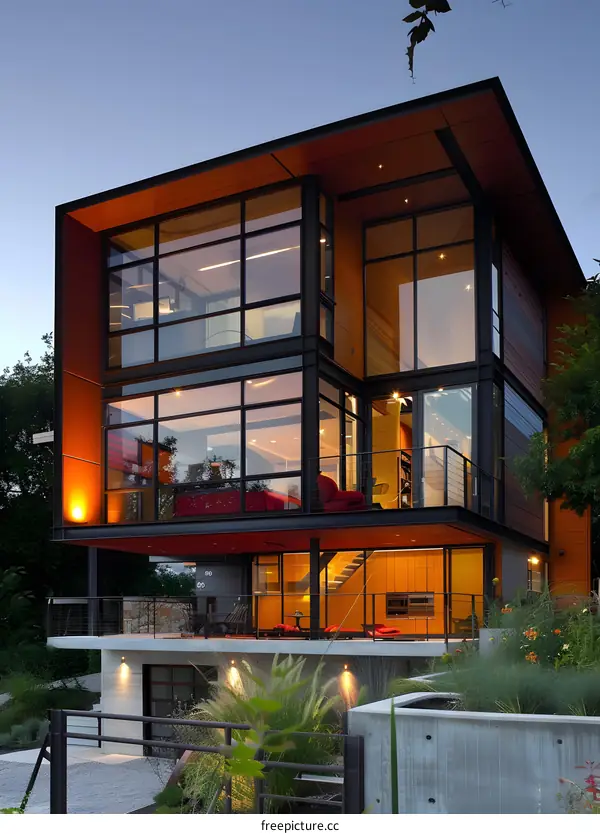 Modern House With Large Windows And A Concrete Patio