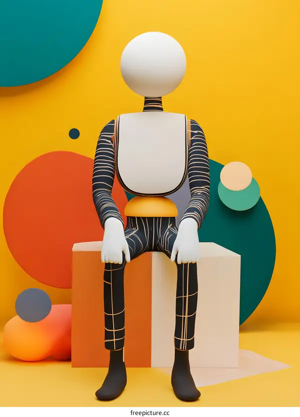 3D Character Sitting on a Cube with Geometric Background