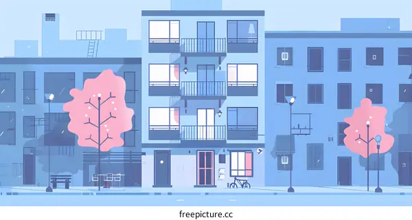 Simple Illustration Of A City Street With Buildings And Trees