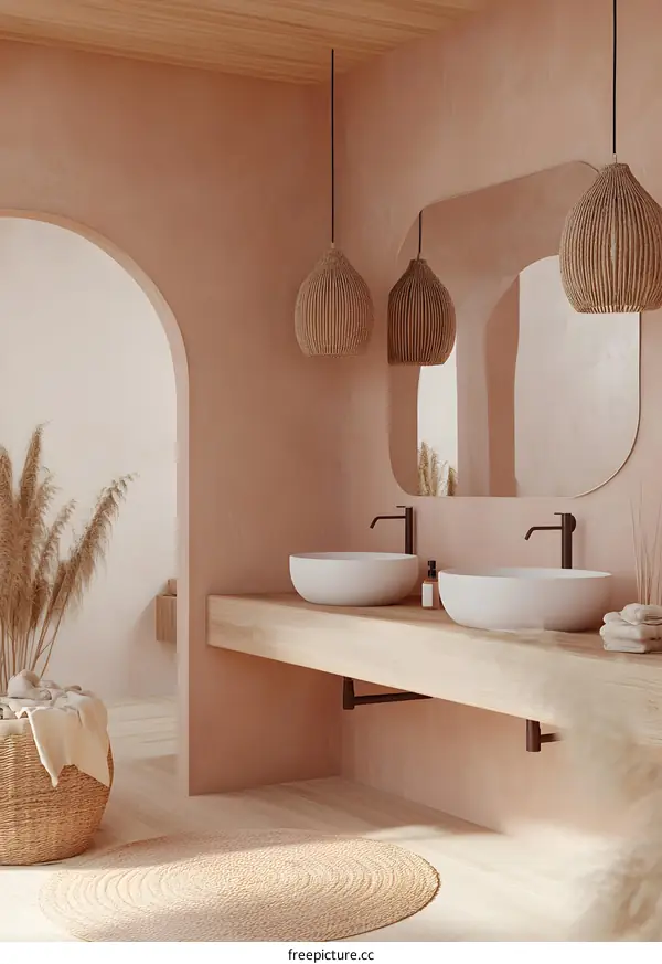 Modern Bathroom Interior Design with Wooden Vanity and Rattan Lamps