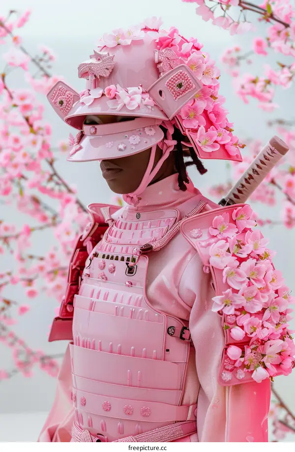 Black Samurai in Pink Armor and Blossoms