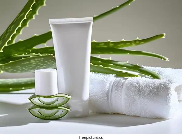 Aloe Vera Gel With White Towel And Plant