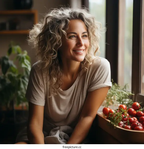 Portrait of a young woman with curly hair smiling in front of a window