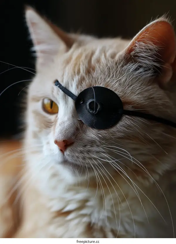 Portrait of a ginger cat wearing an eye patch