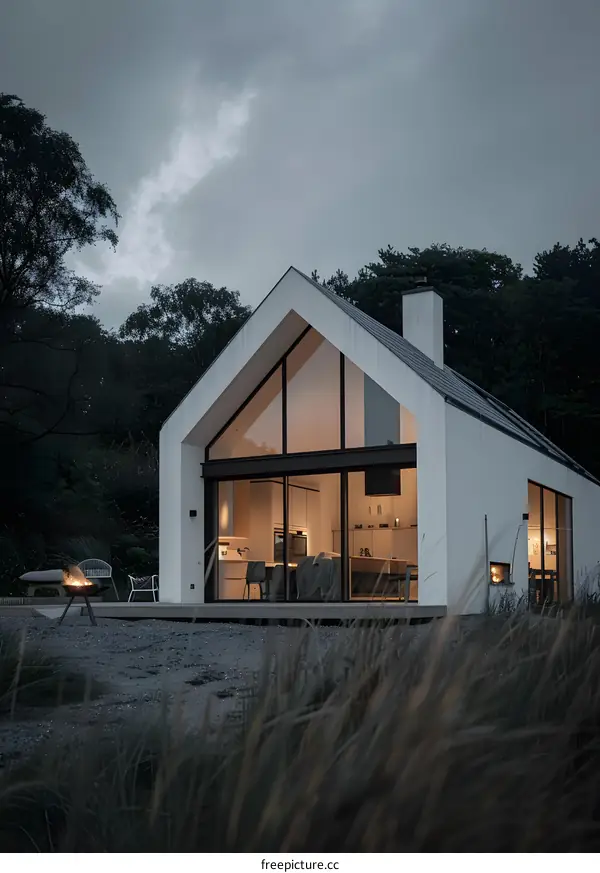Modern White House With Large Windows and a Fire Pit in Front