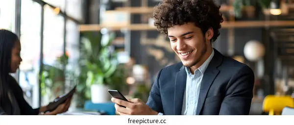 Smiling Businessman Using Mobile Phone in Cafe