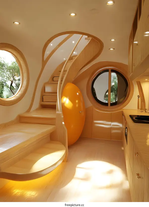 Modern Wooden House Interior Design with Curved Stairs and Orange Ball