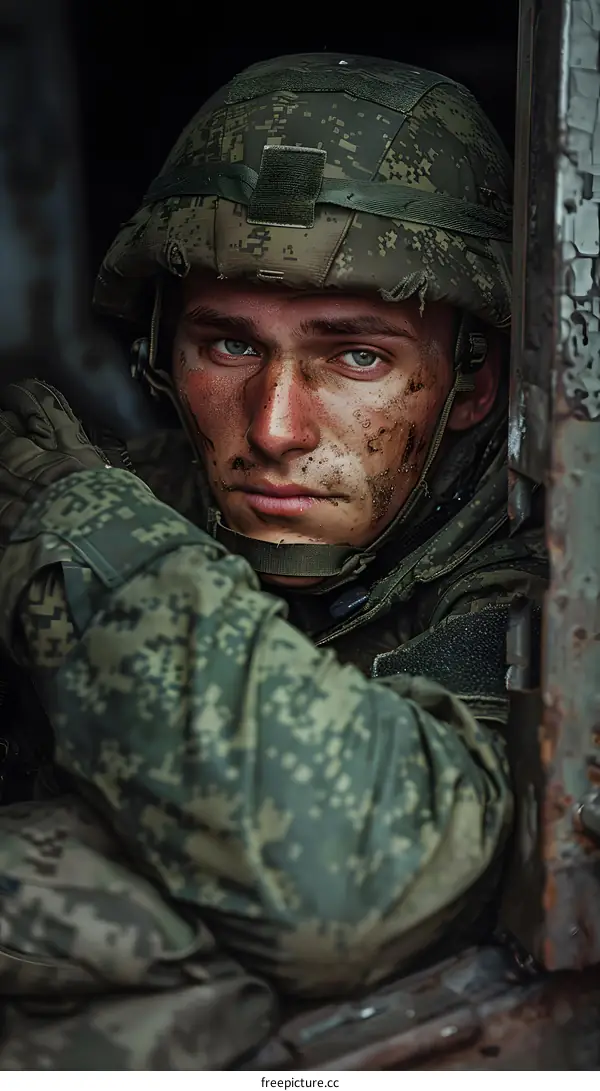 Portrait of a young soldier in a military uniform and helmet