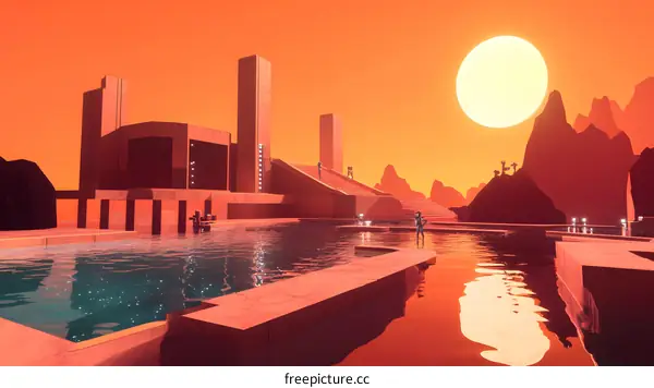 Futuristic Architecture with Pool and Sunset