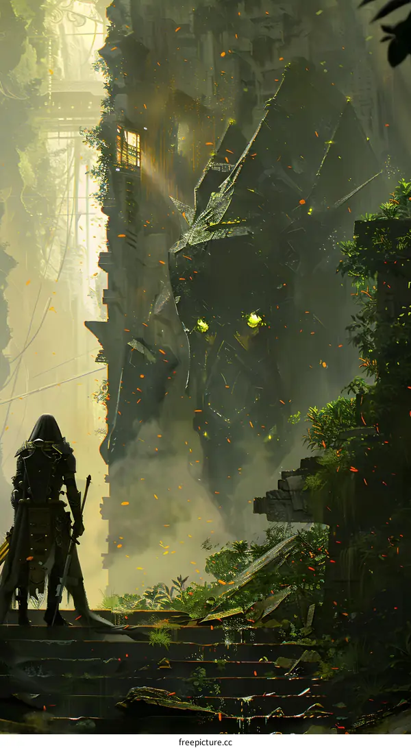 Silhouette of a Person Standing in Front of a Giant Robot in a Destroyed City
