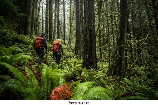 Couple Hiking in a Lush Green Forest