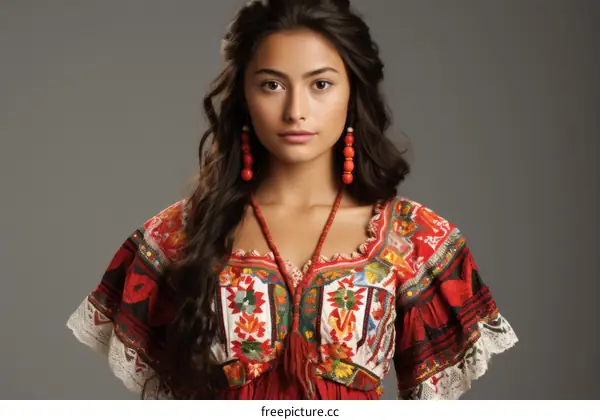 Portrait of a young Hispanic woman in traditional Mexican dress