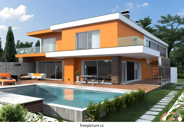 Modern Orange House with Swimming Pool and Wooden Deck