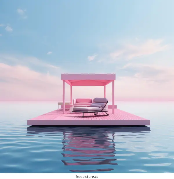 Pink floating platform with a seating area in the middle of the ocean