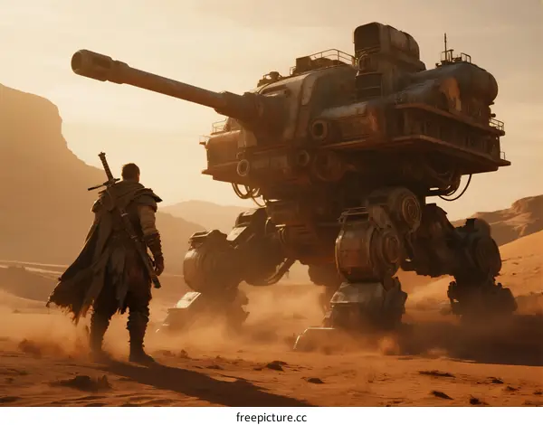 Post-apocalyptic warrior facing large mechanical walker in desert
