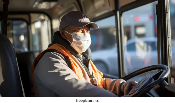 A bus driver wearing a mask