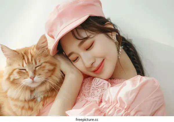 A woman wearing a pink hat is hugging an orange cat