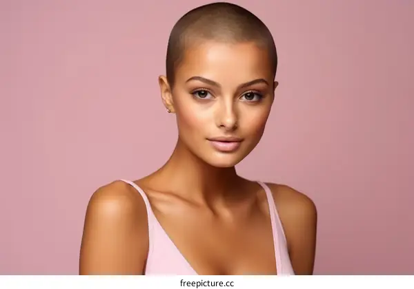 Bald woman with pink background