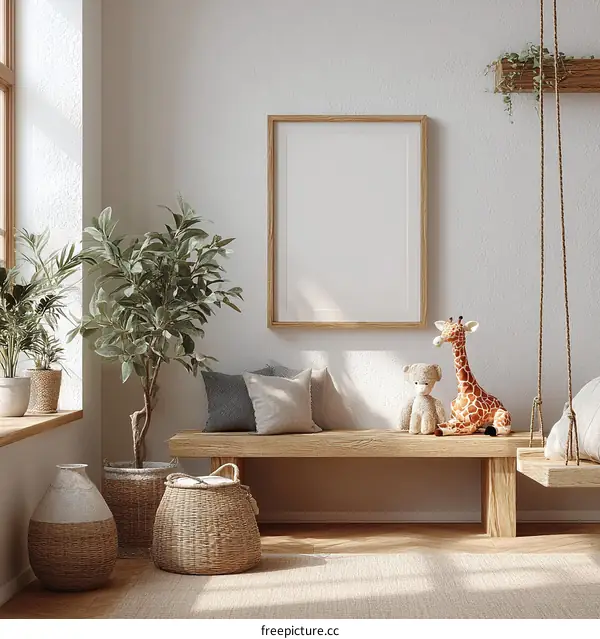 Cozy Nursery Room Mockup with Blank Poster Frame