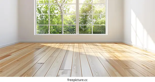 Empty Room with Large Window and Wood Floor
