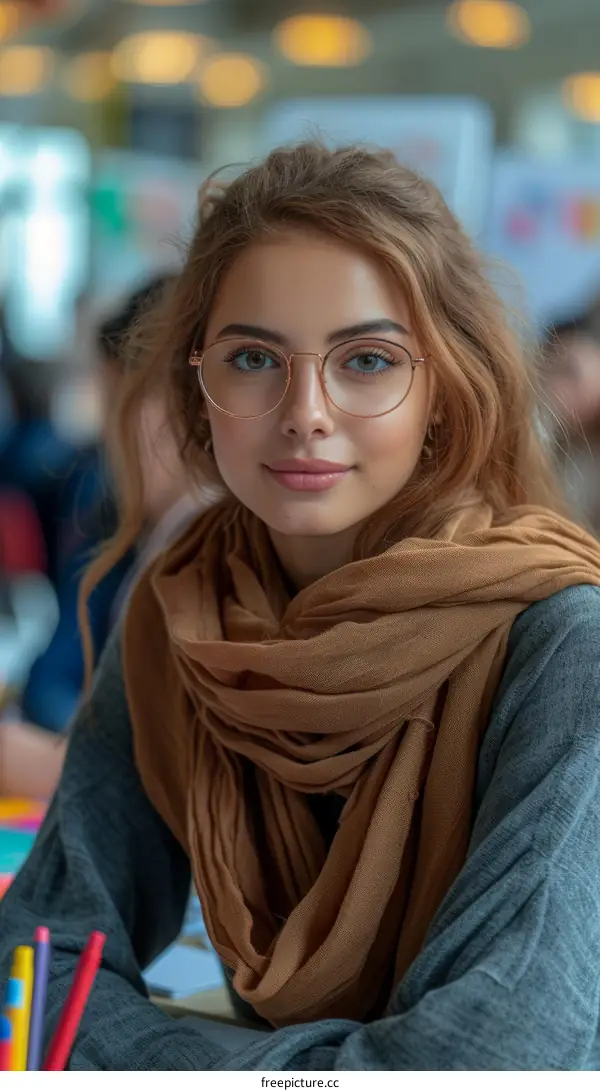 portrait of a beautiful young woman wearing glasses and a scarf