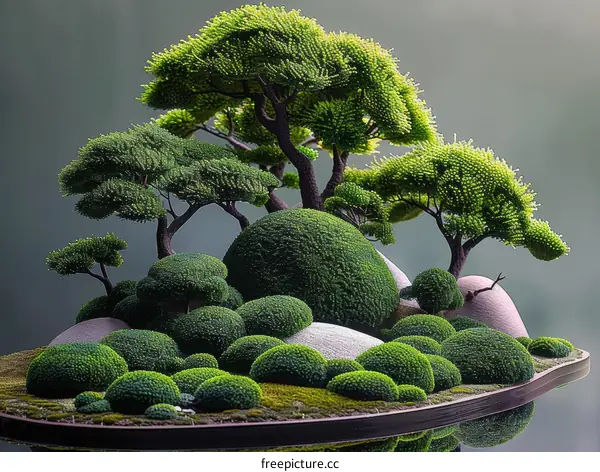 Moss covered miniature trees and shrubs arranged on a reflective surface
