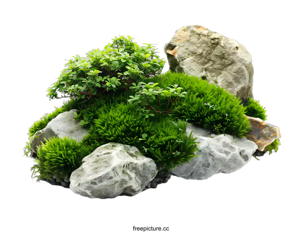 [Transparent Background PNG]Green Moss on Rocks with White Background