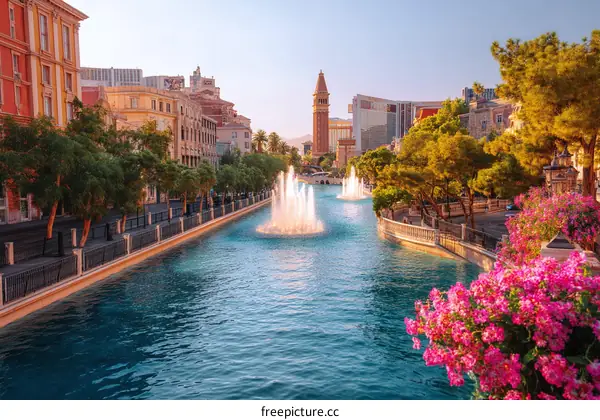 Las Vegas Canal with Fountains and Buildings