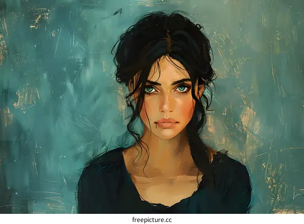 Woman with Blue Eyes and Long Black Hair Portrait Digital Painting