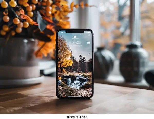 Phone Display Showing Autumn Landscape Wallpaper