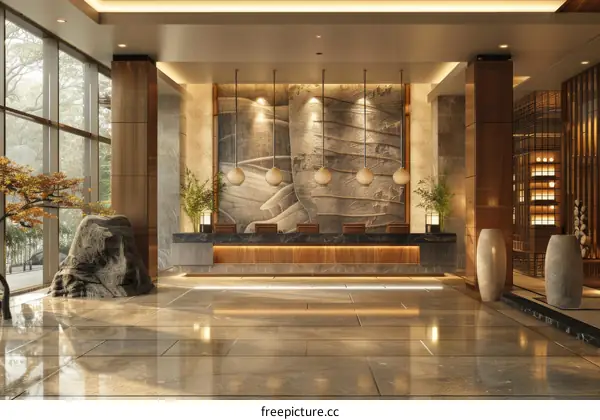 Modern Hotel Lobby Interior Design With Stone Wall And Reception Desk