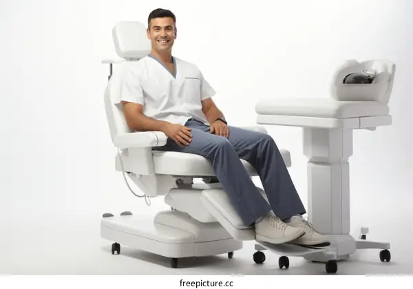 Smiling male doctor sitting in a medical chair