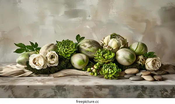 Green and White Easter Decoration with Flowers and Eggs