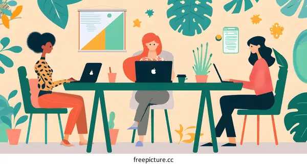 Three Diverse Women Working Together at a Desk in a Green Office