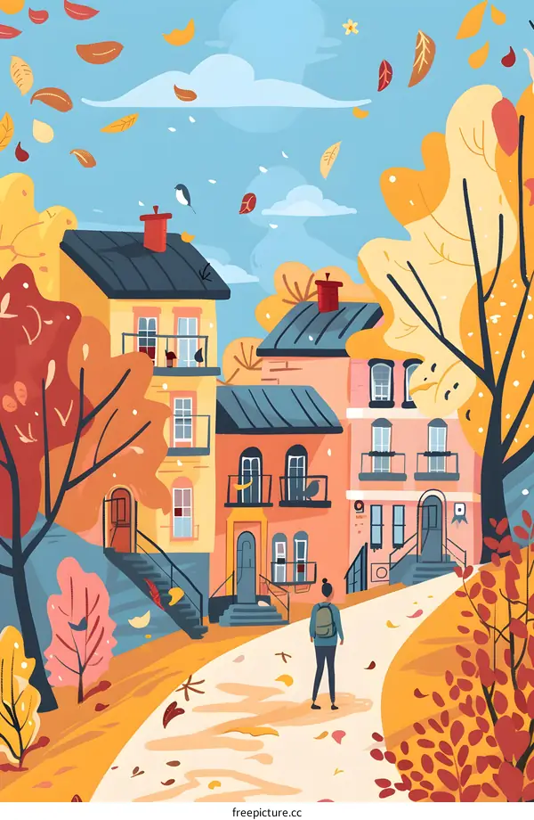 Autumn Street Scene with Woman Walking