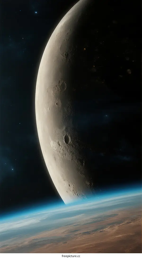 Crescent Moon and Earth Horizon in Outer Space