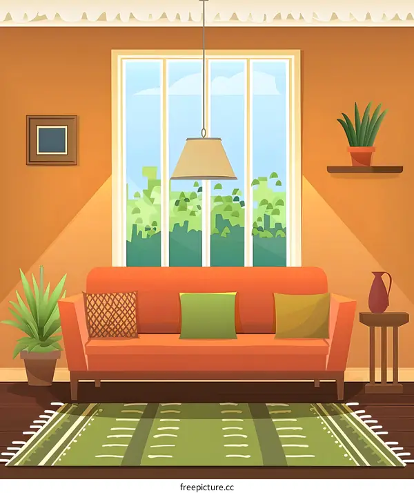 Living Room Interior Design with Orange Sofa and Green Rug