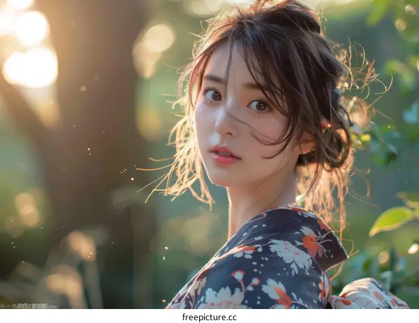 Asian Woman in Traditional Kimono in Nature