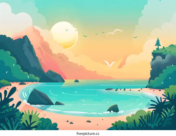 Peaceful Sunset Beach Landscape Illustration