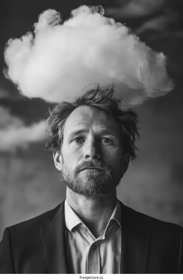 Black and white portrait of a man with a cloud on his head