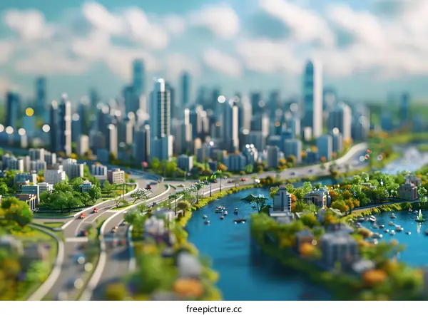 Aerial View of Miniature City with River and Roads