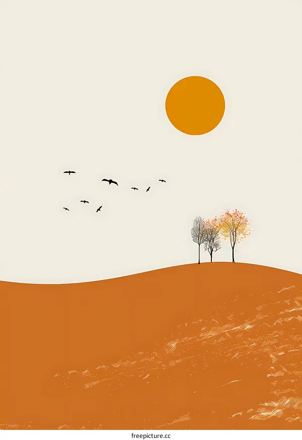 Minimalist Autumn Landscape with Sun and Birds