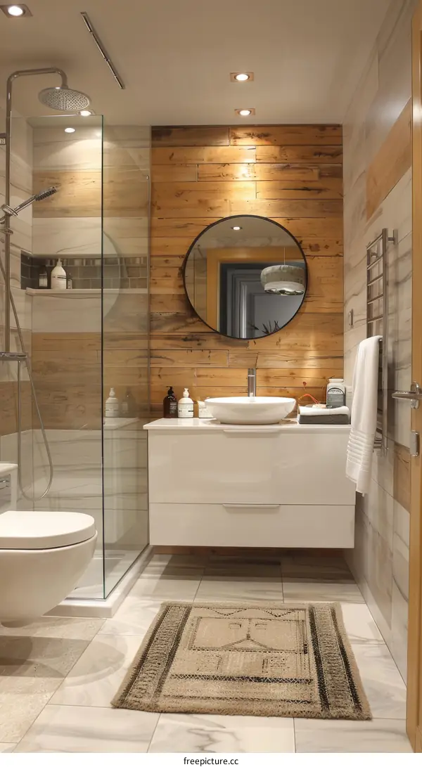 Modern Wooden Bathroom with White Vanity